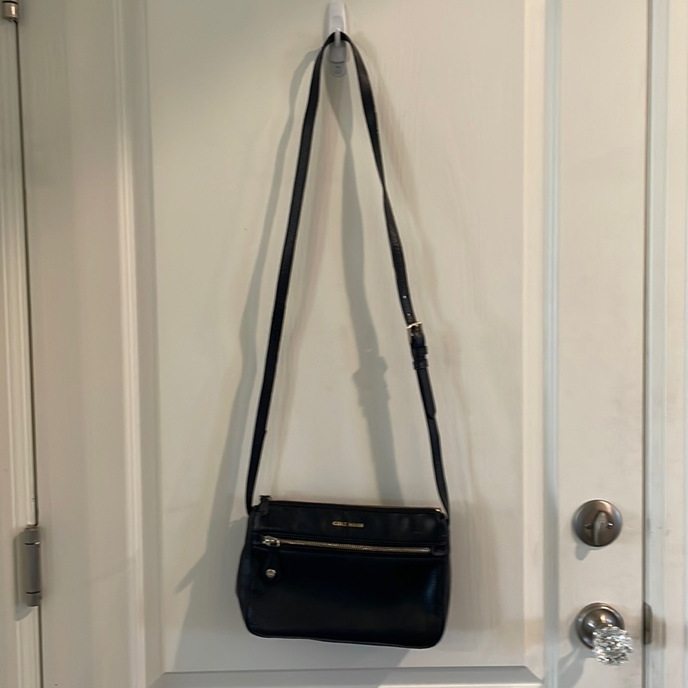 Cole Haan Black Leather Dimitra Crossbody Bag Zip Pocket Adjustable